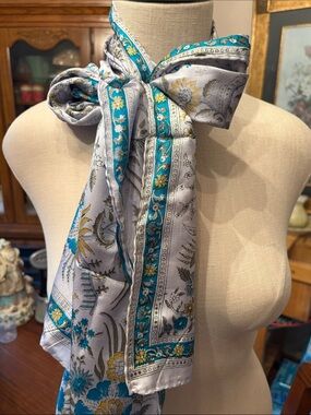 Vintage pure silk blue and gold floral print made in India scarf